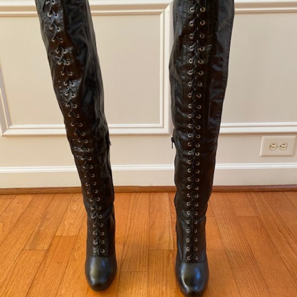 Black Leather Lace up thigh high boots
